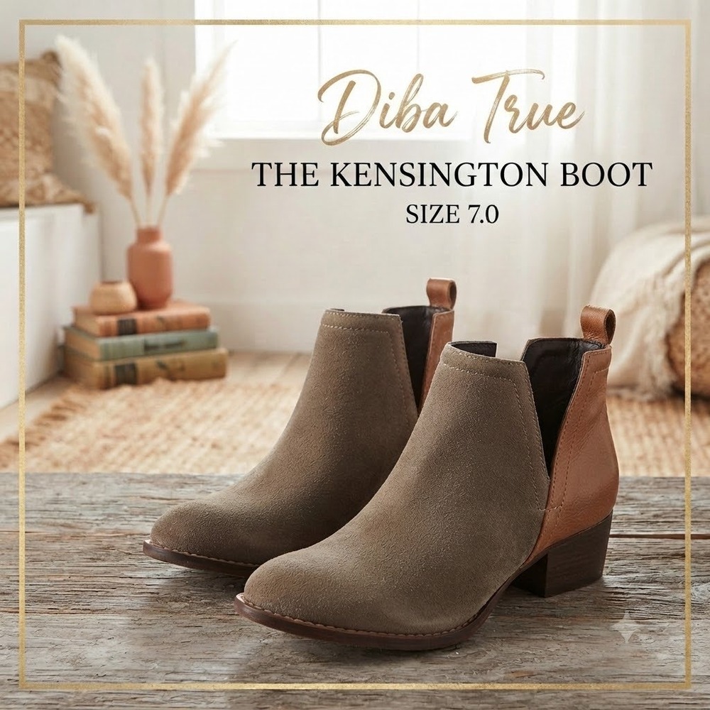 Diba True Kensington Ankle Boot Taupe Suede Cognac Leather V-Cut Bootie Size7